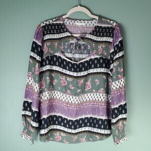 Maurices Womens Purple Green Smocked Floral Print Tie Striped Blouse Size Large